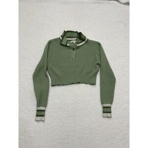 Hazel Moon Green Ribbed Cropped Polo Sweater Size L Long Sleeve Striped Trim